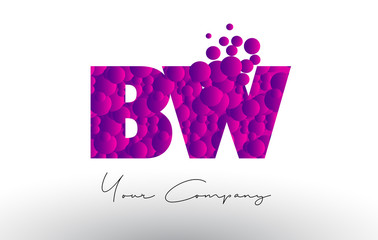 BW B W Dots Letter Logo with Purple Bubbles Texture.
