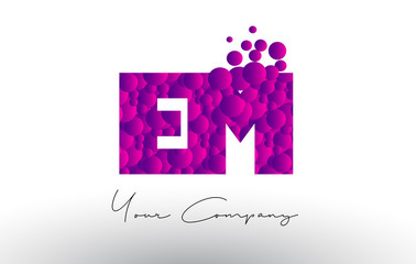 EM E M Dots Letter Logo with Purple Bubbles Texture.