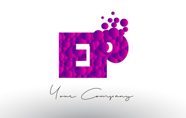 EP E P Dots Letter Logo with Purple Bubbles Texture.