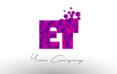 ET E T Dots Letter Logo with Purple Bubbles Texture.