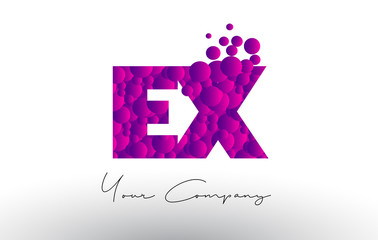 EX E X Dots Letter Logo with Purple Bubbles Texture.