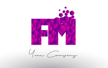 FM F M Dots Letter Logo with Purple Bubbles Texture.