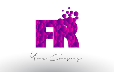 FR F R Dots Letter Logo with Purple Bubbles Texture.