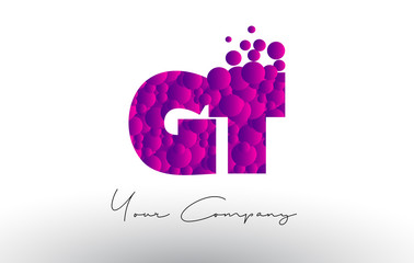 GT G T Dots Letter Logo with Purple Bubbles Texture.