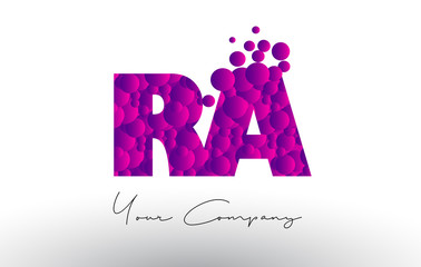 RA R Q Dots Letter Logo with Purple Bubbles Texture.