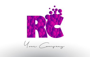 RC R C Dots Letter Logo with Purple Bubbles Texture.