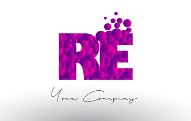 RE R E Dots Letter Logo with Purple Bubbles Texture.