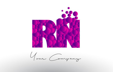 RN R N Dots Letter Logo with Purple Bubbles Texture.