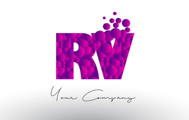 RV R V Dots Letter Logo with Purple Bubbles Texture.