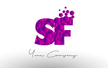 SF S F Dots Letter Logo with Purple Bubbles Texture.