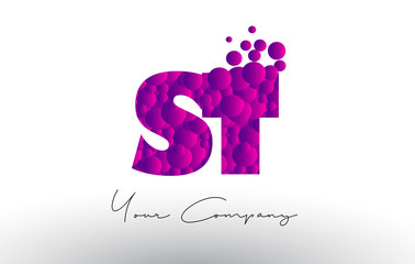 ST S T Dots Letter Logo with Purple Bubbles Texture.