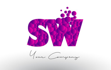 SW S W Dots Letter Logo with Purple Bubbles Texture.