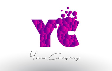 YC Y C Dots Letter Logo with Purple Bubbles Texture.