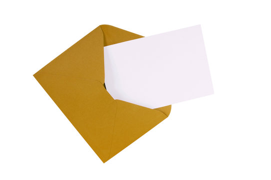 One single brown envelope top flap open with invite invitation greeting or post card inside isolated on white background photo