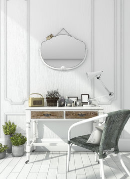3d rendering classic white room with make up table