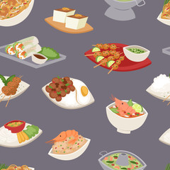 Traditional thai food asian plate cuisine thailand seafood cooking seamless pattern background vector illustration.