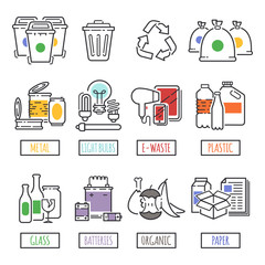 Different recycling garbage waste types sorting processing, treatment remaking trash utilize icons vector illustration. - 159248287
