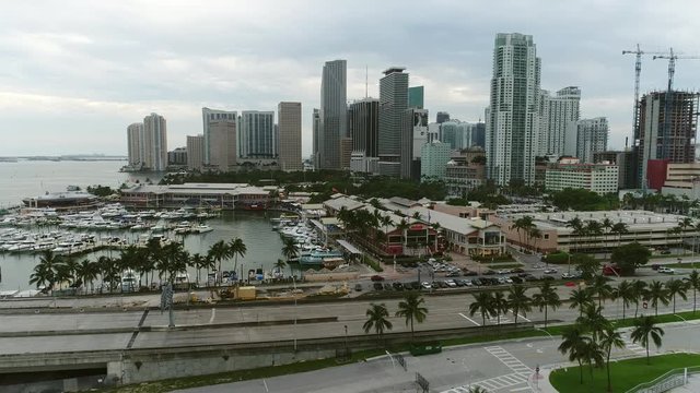 Aerial drone video Bayside Marketplace Downtown Miami 4k