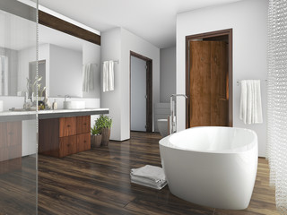 Naklejka na ściany i meble 3d rendering wood and tile design bathroom near window an curtain