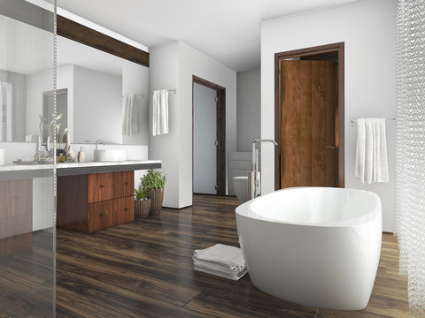 3d rendering wood and tile design bathroom near window an curtain