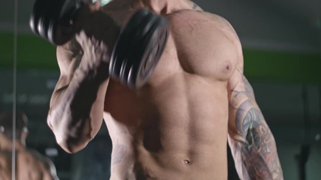 Bodybuilder lifts dumbbells