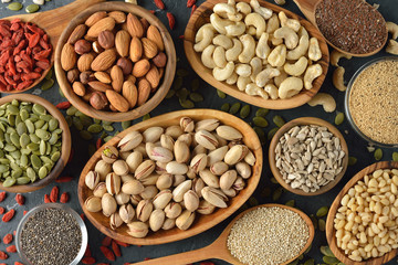 Different super foods on a gray background