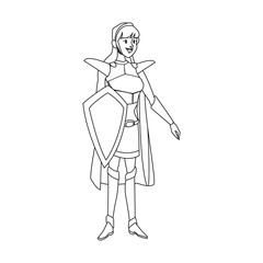 Fototapeta na wymiar cartoon knight woman in costume with armor shield vector illustration