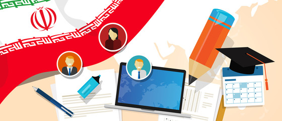 Iran education school university concept with icon laptop paper pencil cap student