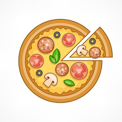 Italian pizza with salami, tomato and cheese on white, food.