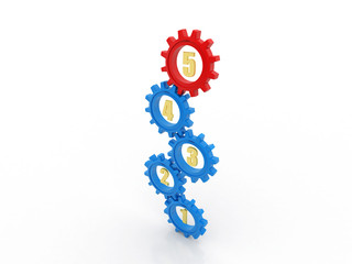 Steps 1 to 5 Numbers Gears Process System Procedure, gear mechanism concept. 3d Illustration