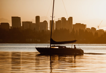 Fishing boat against Bellevue skyline early morning