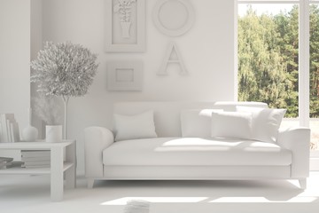 White room with sofa and green landscape in window. Scandinavian interior design. 3D illustration
