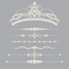white realistic pearl dividers set collection with diadem isolated on grey background. vector illustration.