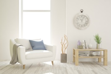 White modern room with armchair. Scandinavian interior design. 3D illustration