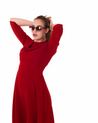 Young pretty woman, sunglasses, white background  