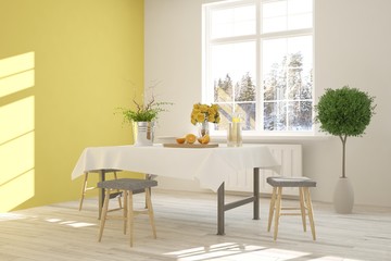 White dinner room with winter landscape in window. Scandinavian interior design. 3D illustration