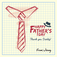 Happy Father's Day. Hand drawing necktie and text writing on square notebook paper. Vector illustration.