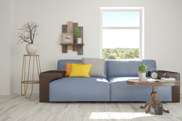 White room with sofa and green landscape in window. Scandinavian interior design. 3D illustration