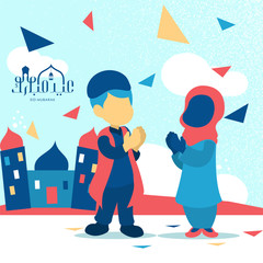 abstract cartoon character moeslim boy and girl with abstract landscape for eid mubarak greeting