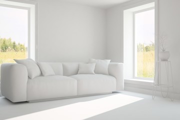 White room with sofa. Scandinavian interior design. 3D illustration