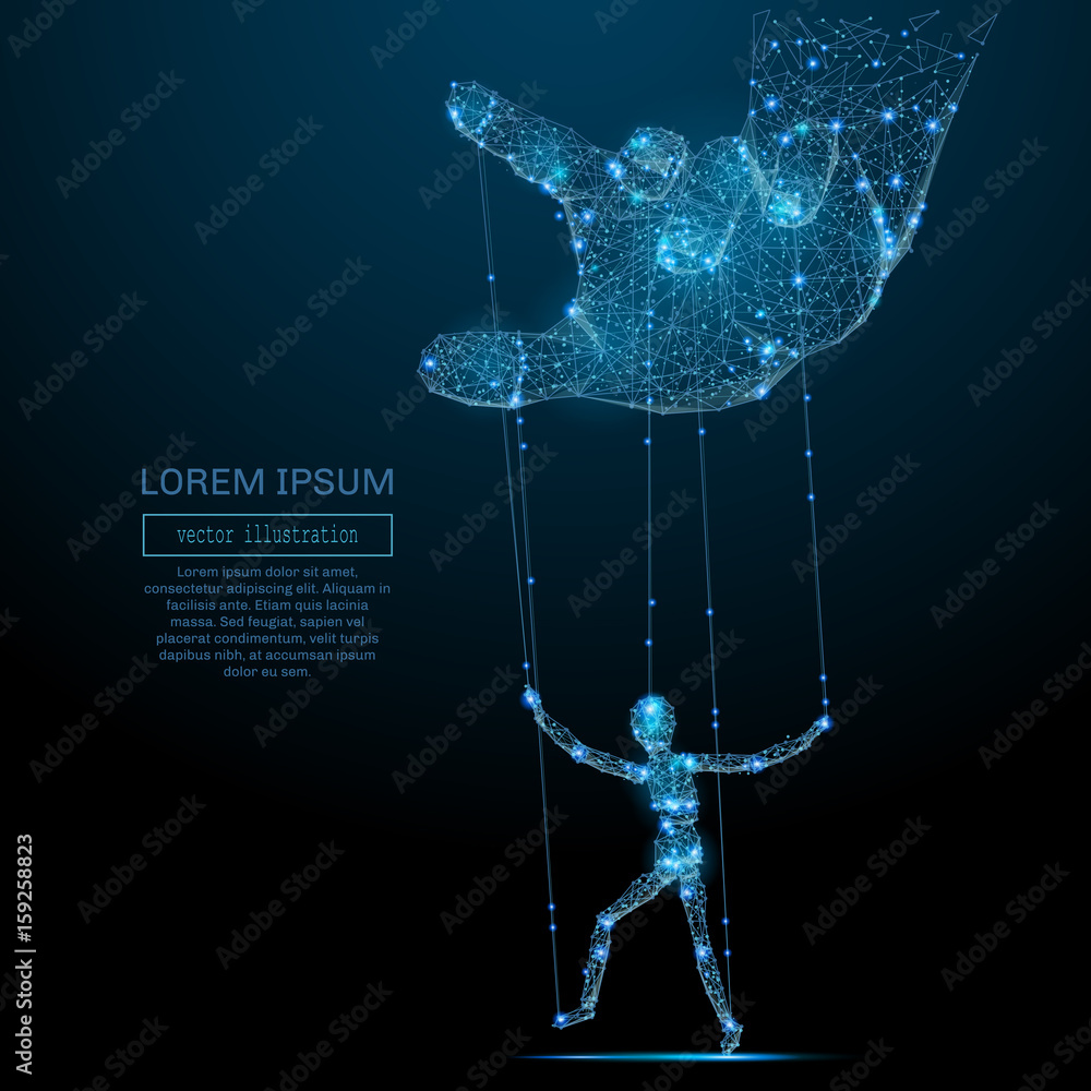 Aufkleber Polygonal hand and puppet. Vector mesh spheres from flying debris. Thin line business or political concept. Blue structure style illustration
