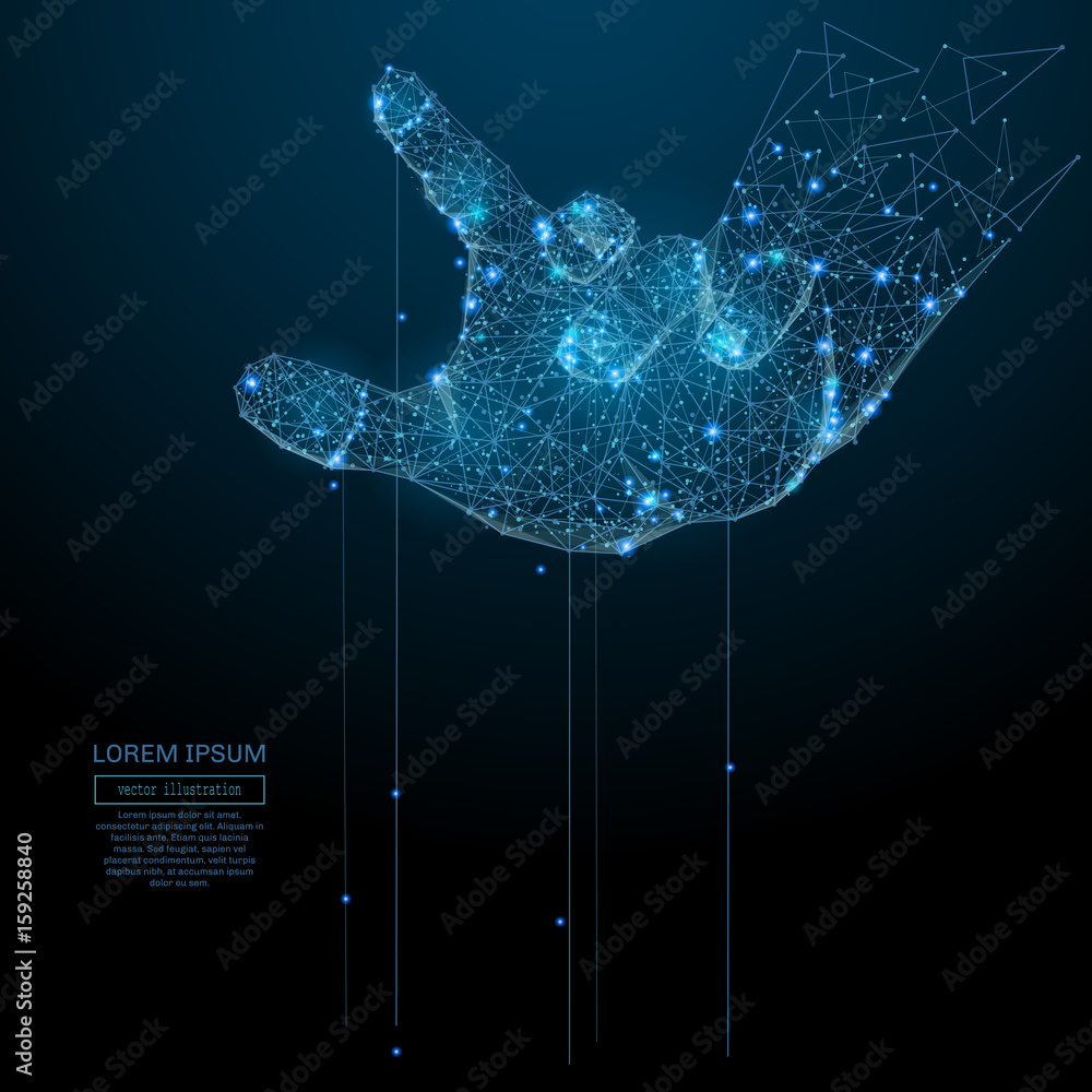 Poster polygonal hand puppet. business vector mesh spheres from flying debris. thin line business or politi