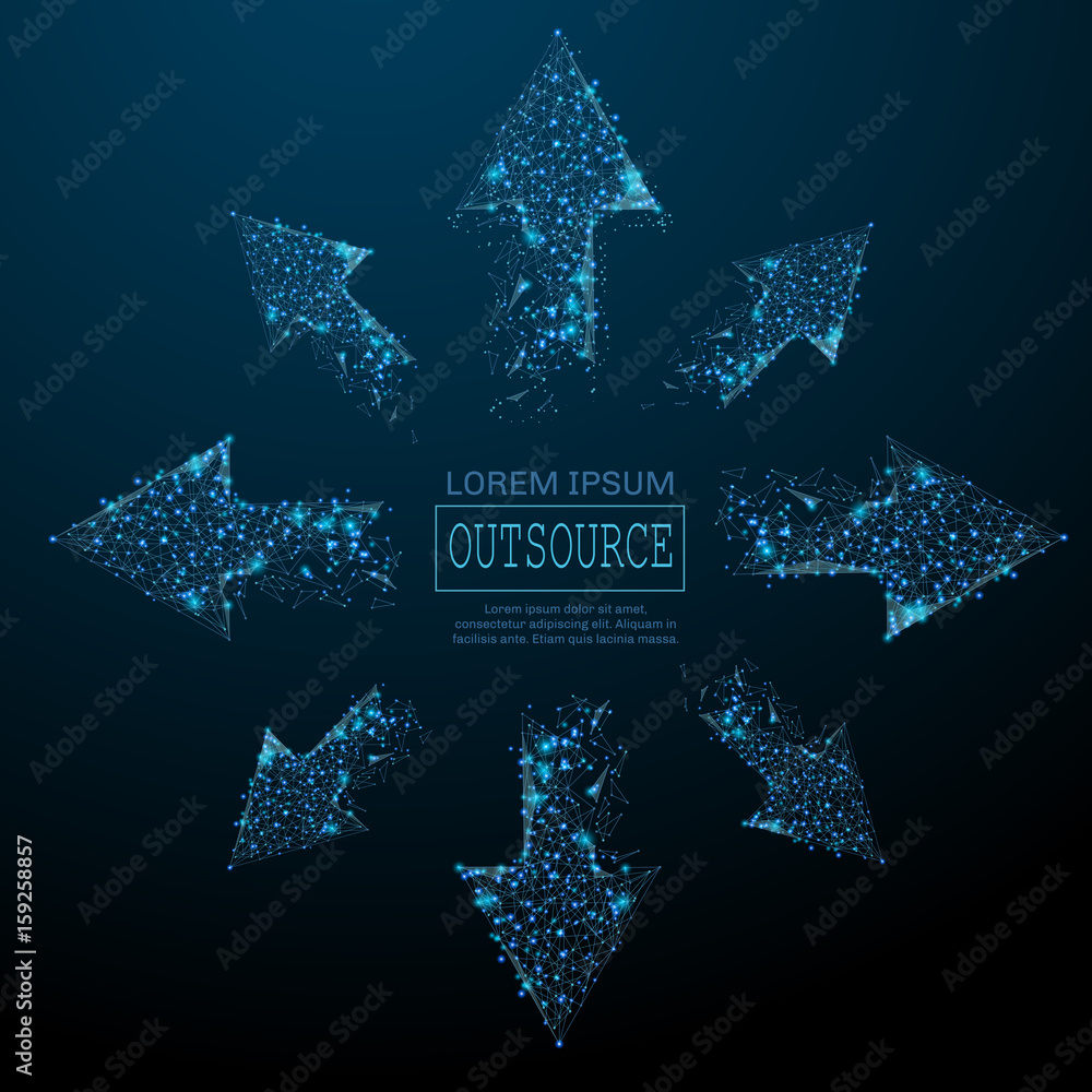 Leinwandbilder Polygonal outsource concept. White arrows pointing in different directions. Business illustration. Vector mesh spheres from flying debris. Thin line.