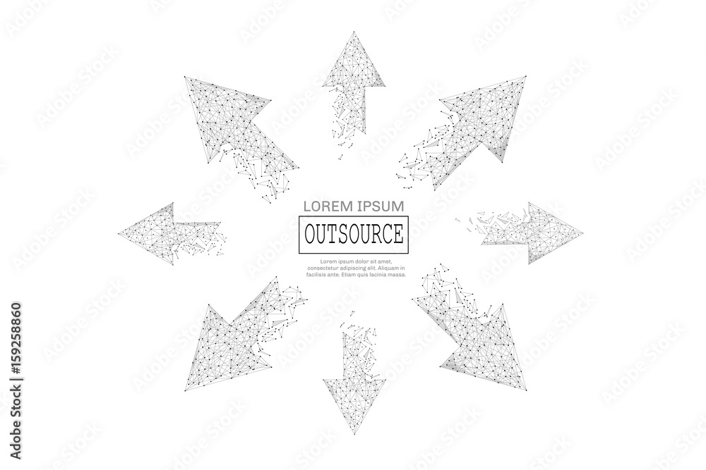 Poster Abstract mash line and point outsource text from arrow on white background with an inscription. Business concept starry sky or space, consisting of stars and the universe. Vector business illustration