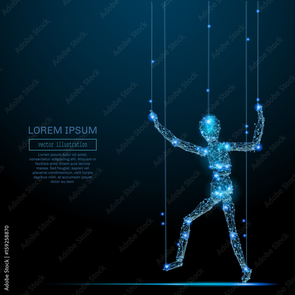 Poster polygonal puppet. vector mesh spheres from flying debris. thin line business or political concept. b