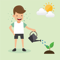 Man Watering Seedling. Ecology Concept Vector Illustration Flat Style.