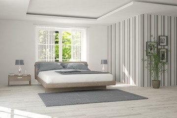 White bedroom with green landscape in window. Scandinavian interior design. 3D illustration