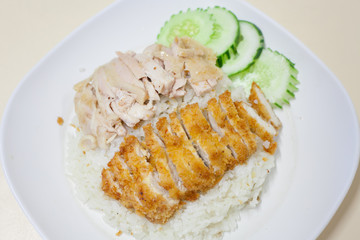 fried chicken and steam chicken with rice