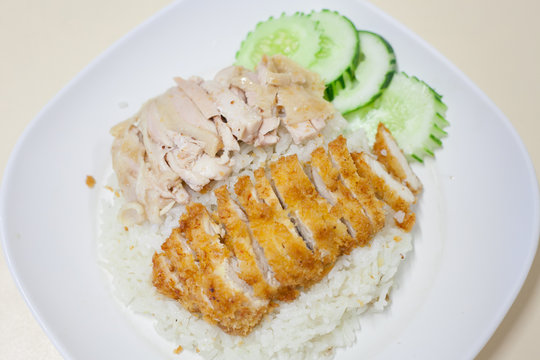 fried chicken and steam chicken with rice