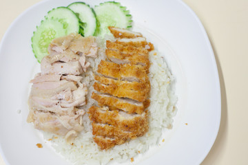 fried chicken and steam chicken with rice